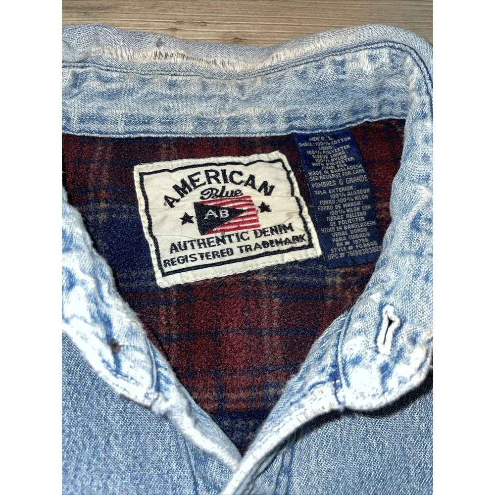Vtg American Blue Chambray Button Up Fleece Lined Shirt Jacket Size L Grunge
